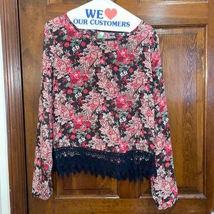 Red,black& green paisley long sleeve shirt with flowers &lace trim on the bottom
